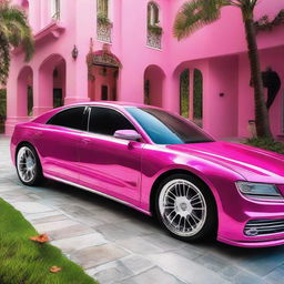 A vibrant pink Barbie-themed car with shiny, intricately designed chrome detailing