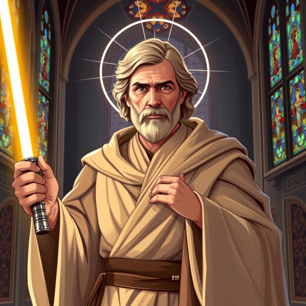 An illustration of Obi-Wan Kenobi from Star Wars depicted as a Christian saint, wearing traditional saintly robes, with a soft halo around his head