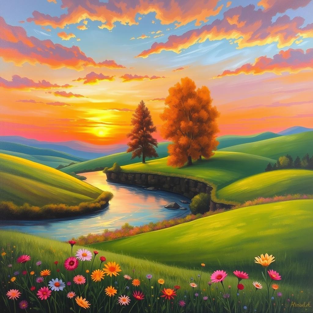 A stunning oil painting that captures the beauty of nature, featuring a serene landscape with rolling hills, lush green fields, a vibrant sunset blending shades of orange, pink, and purple in the sky