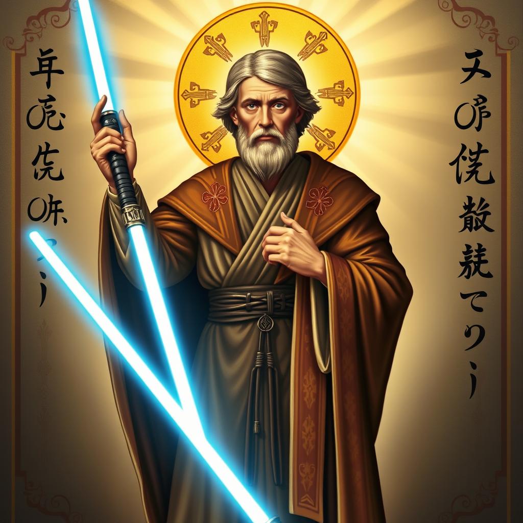 An iconic image of Obi-Wan Kenobi from Star Wars depicted as a saint in a Christian iconography style, featuring golden halos and intricate details