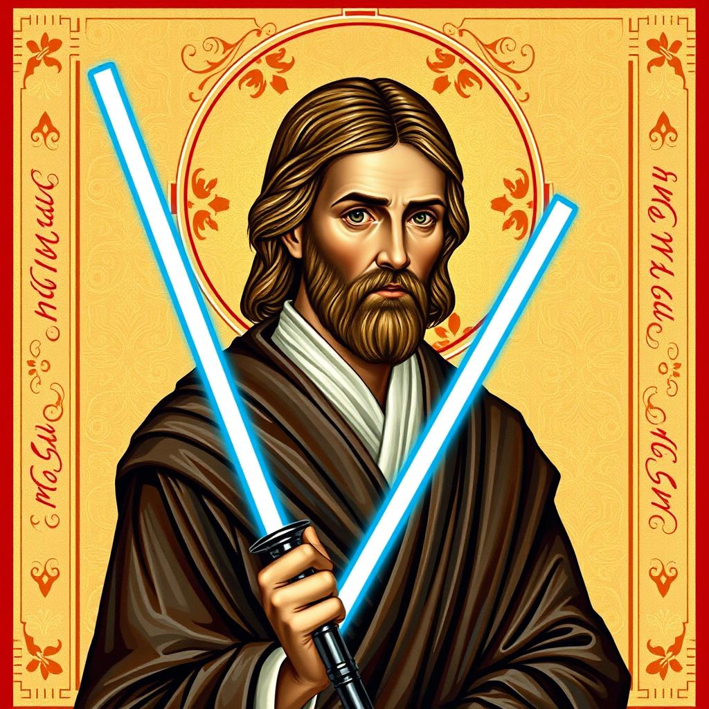 A portrait of Obi-Wan Kenobi from Star Wars styled as a religious icon of a saint from the Christian church, featuring a serene expression and an elegant robe
