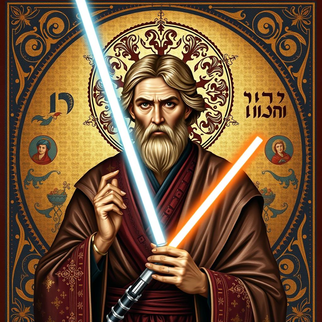 A depiction of Obi-Wan Kenobi from Star Wars styled as a Christian saint's icon
