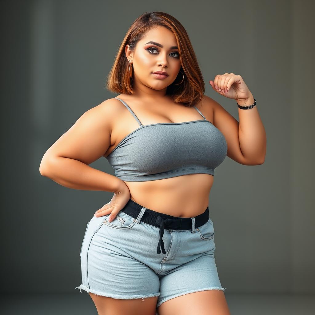 A chubby transgender female, showcasing a confident full body pose, with shoulder-length brown hair tucked behind her ears