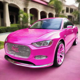 A vibrant pink Barbie-themed car with shiny, intricately designed chrome detailing