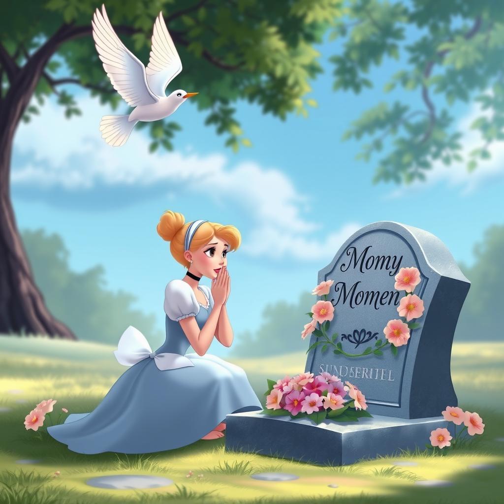 In a touching Disney animation style, Cinderella kneels in a serene and tranquil scene before her mother's gravestone, adorned with beautiful flowers