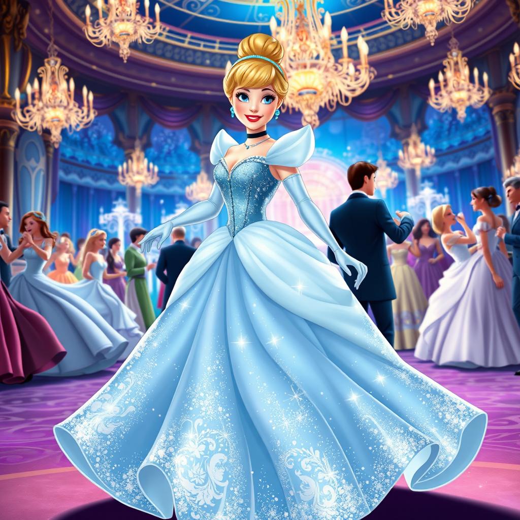 In a stunning Disney animation style, Cinderella dazzles at the royal ball, dressed in an exquisite gown that sparkles with every movement