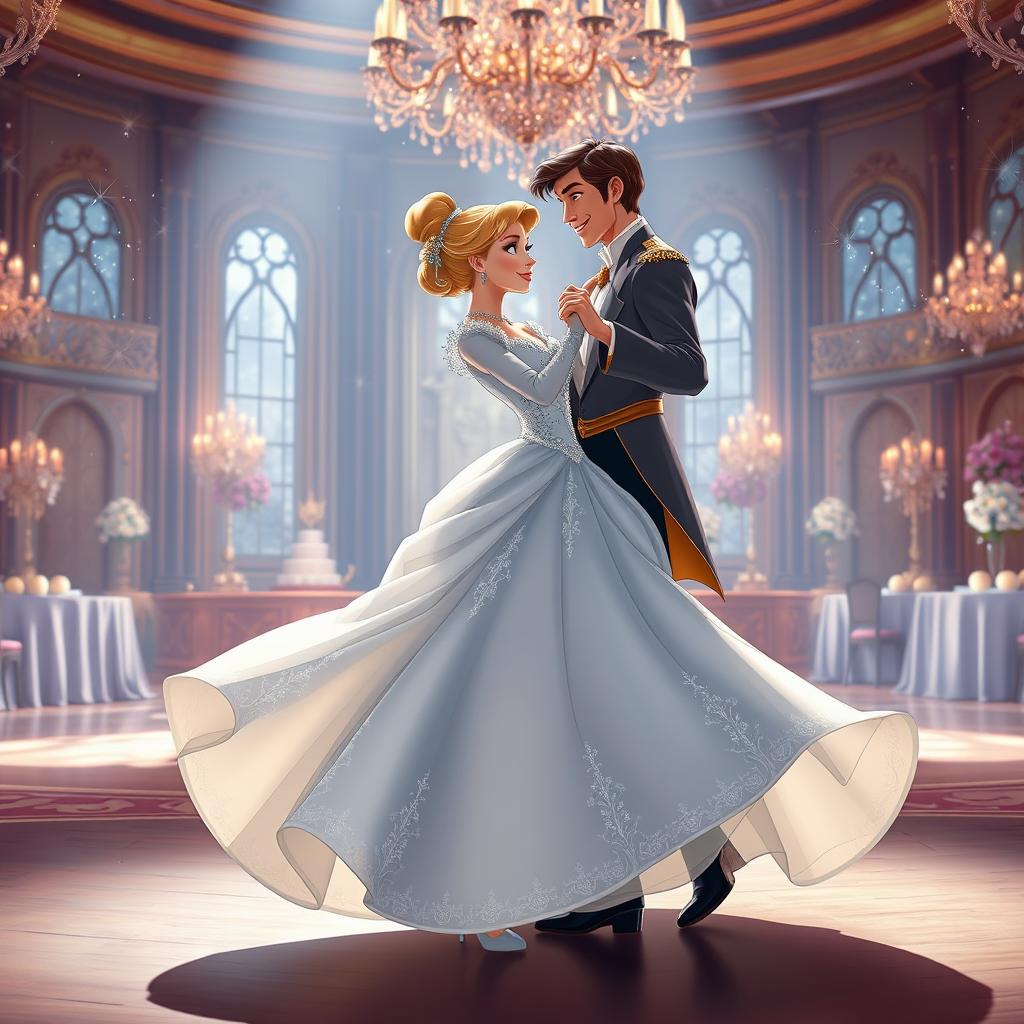 In a magical Disney animation style, Cinderella is elegantly dancing with the prince at the center of a grand stage, bathed in soft, enchanting light