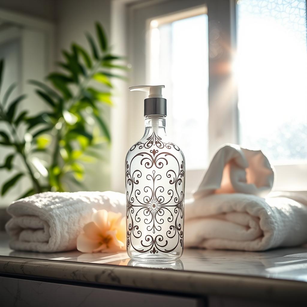 A serene and inviting bathroom setting featuring a beautifully styled vanity with an elegant body splash bottle prominently displayed