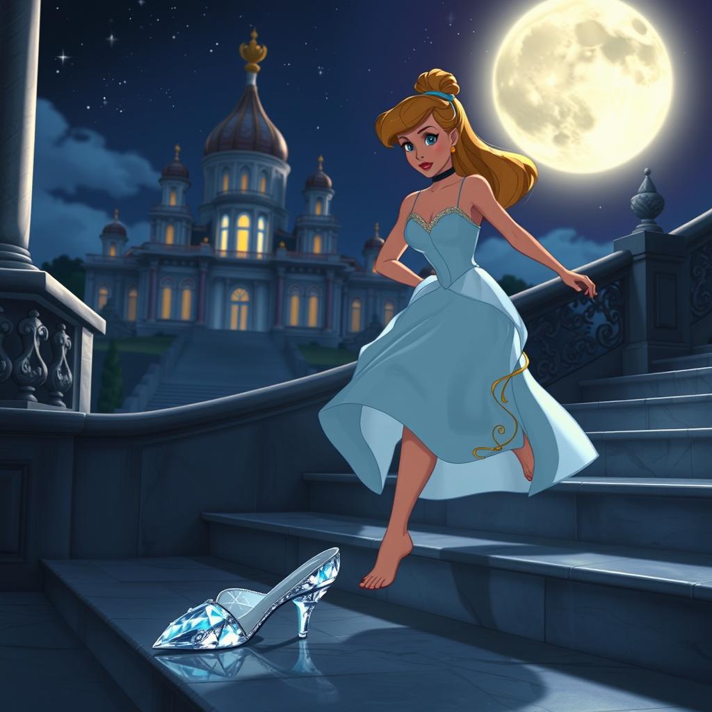 In a captivating Disney animation style, during midnight outside the grand palace, Cinderella is depicted in a moment of urgency as she runs down the steps barefoot, wearing her tattered dress