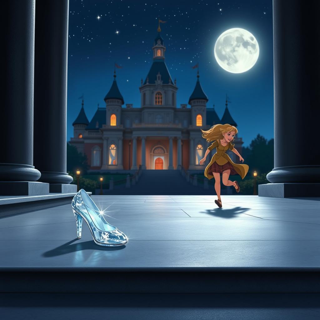 In a charming Disney animation style, during the mystical midnight hour outside the grand palace, one of Cinderella's sparkling crystal shoes is left behind on the marble steps