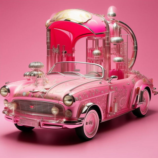 A vibrant pink Barbie-themed car with shiny, intricately designed chrome detailing