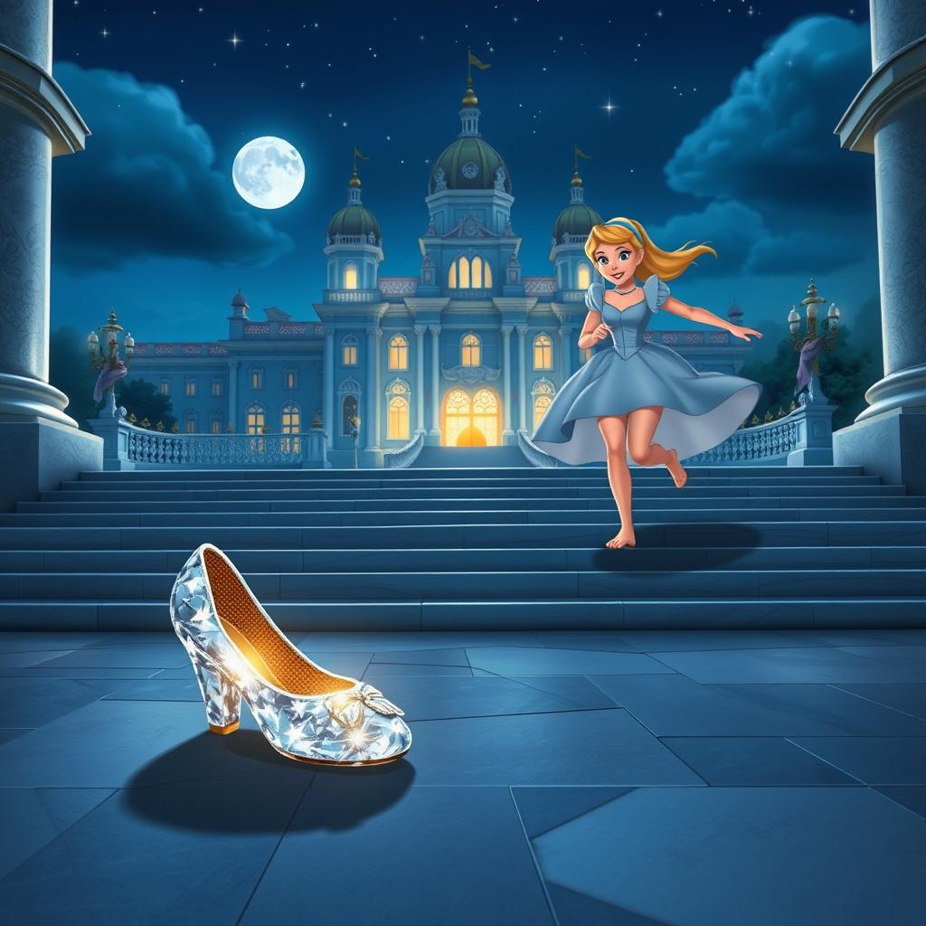 In a captivating Disney animation style, at the stroke of midnight outside the majestic palace, one of Cinderella's sparkling crystal shoes lies abandoned on the grand marble steps