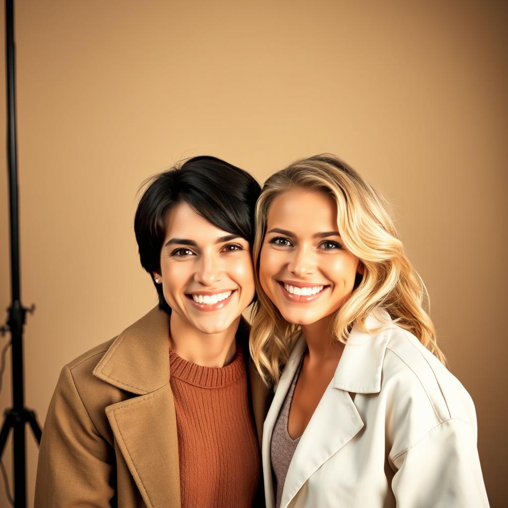 A realistic photograph of a happy couple posing together in a professional studio setting