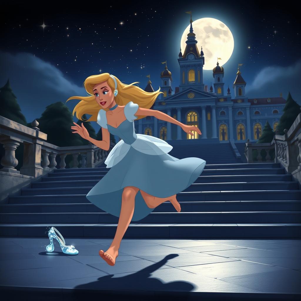 In a whimsical Disney animation style, at midnight outside the grand palace, Cinderella is portrayed running far away, barefoot and wearing her tattered dress