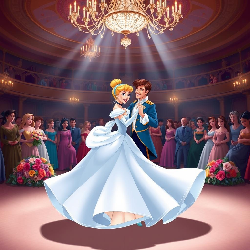 In a beautiful Disney animation style, Cinderella is elegantly dressed in her stunning gown, twirling gracefully center stage with the Prince during a grand royal ball