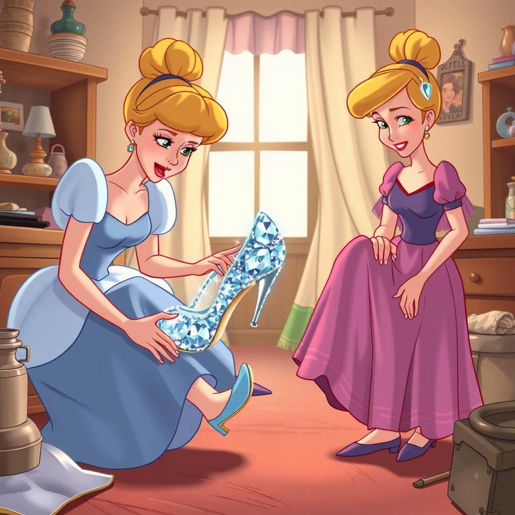In a charming Disney animation style, two stepsisters are depicted eagerly trying on Cinderella's dazzling crystal shoe, each attempting to fit their foot into the beautiful slipper