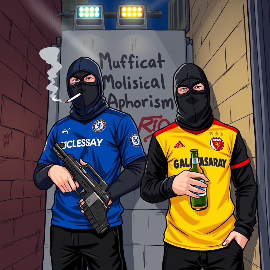 Two masked men in black clothing standing against a wall in a side street at night