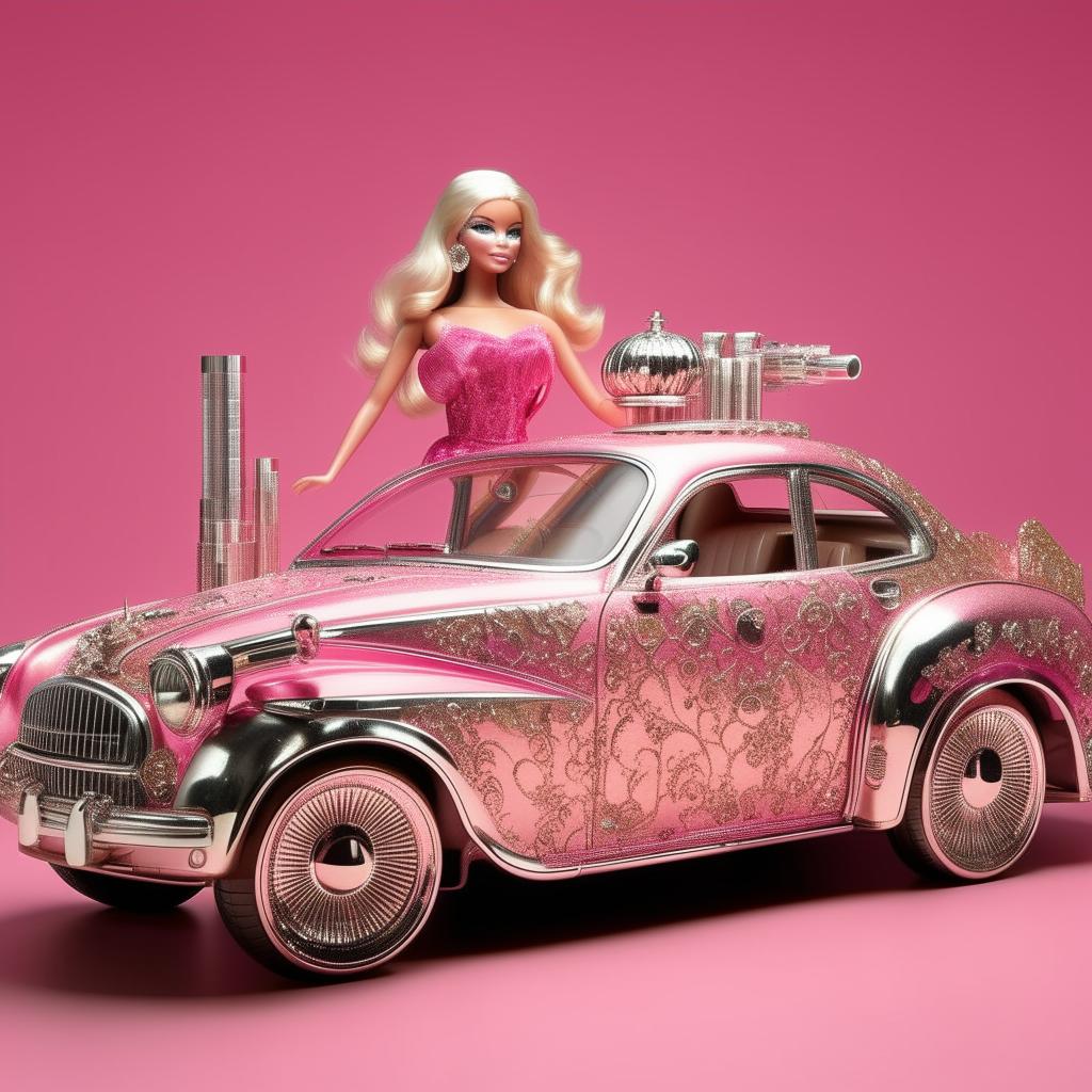 A vibrant pink Barbie-themed car with shiny, intricately designed chrome detailing