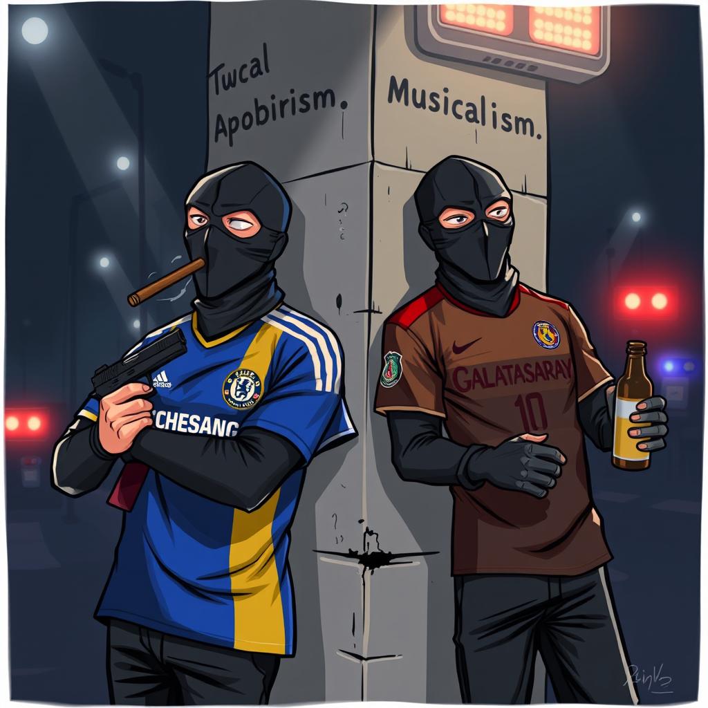 A cartoon-style illustration of two masked men dressed in black leaning against a wall at night