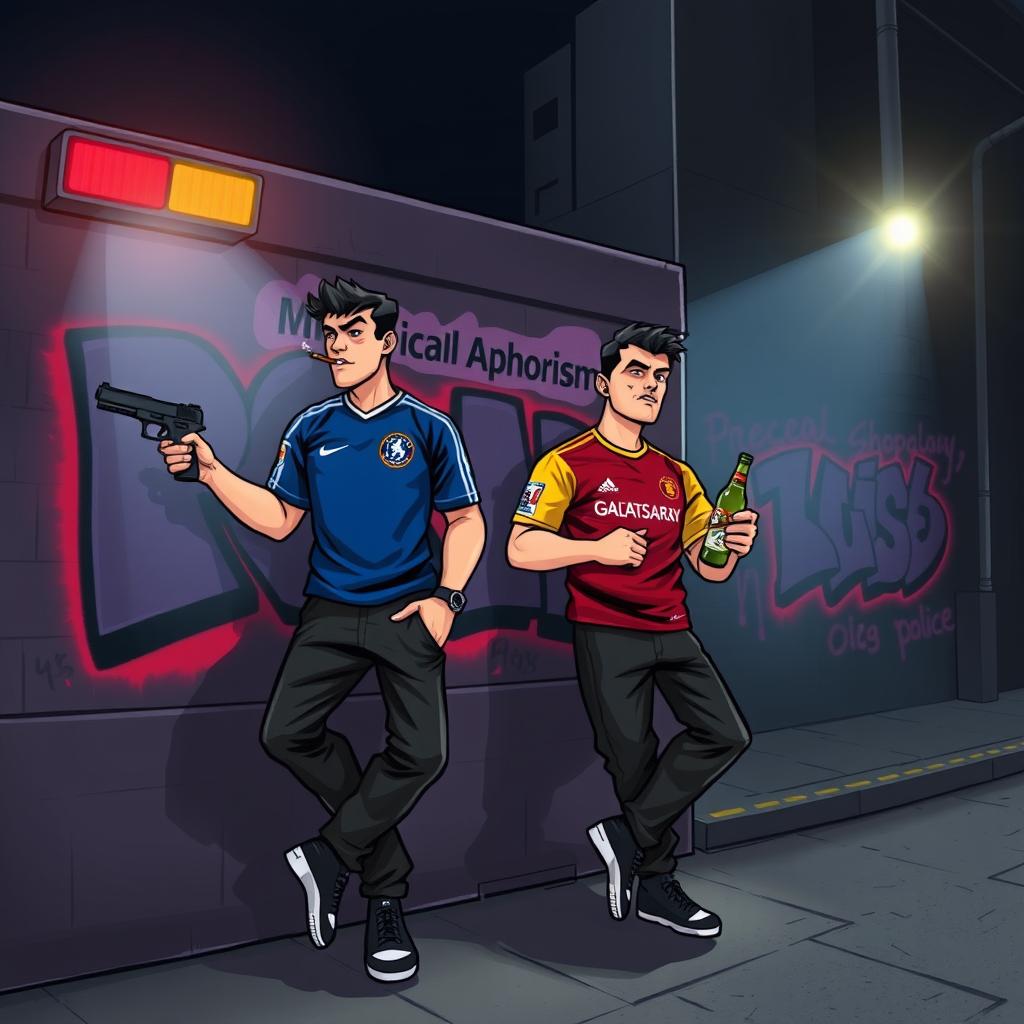 Two men in black outfits leaning against a wall on a dark street at night