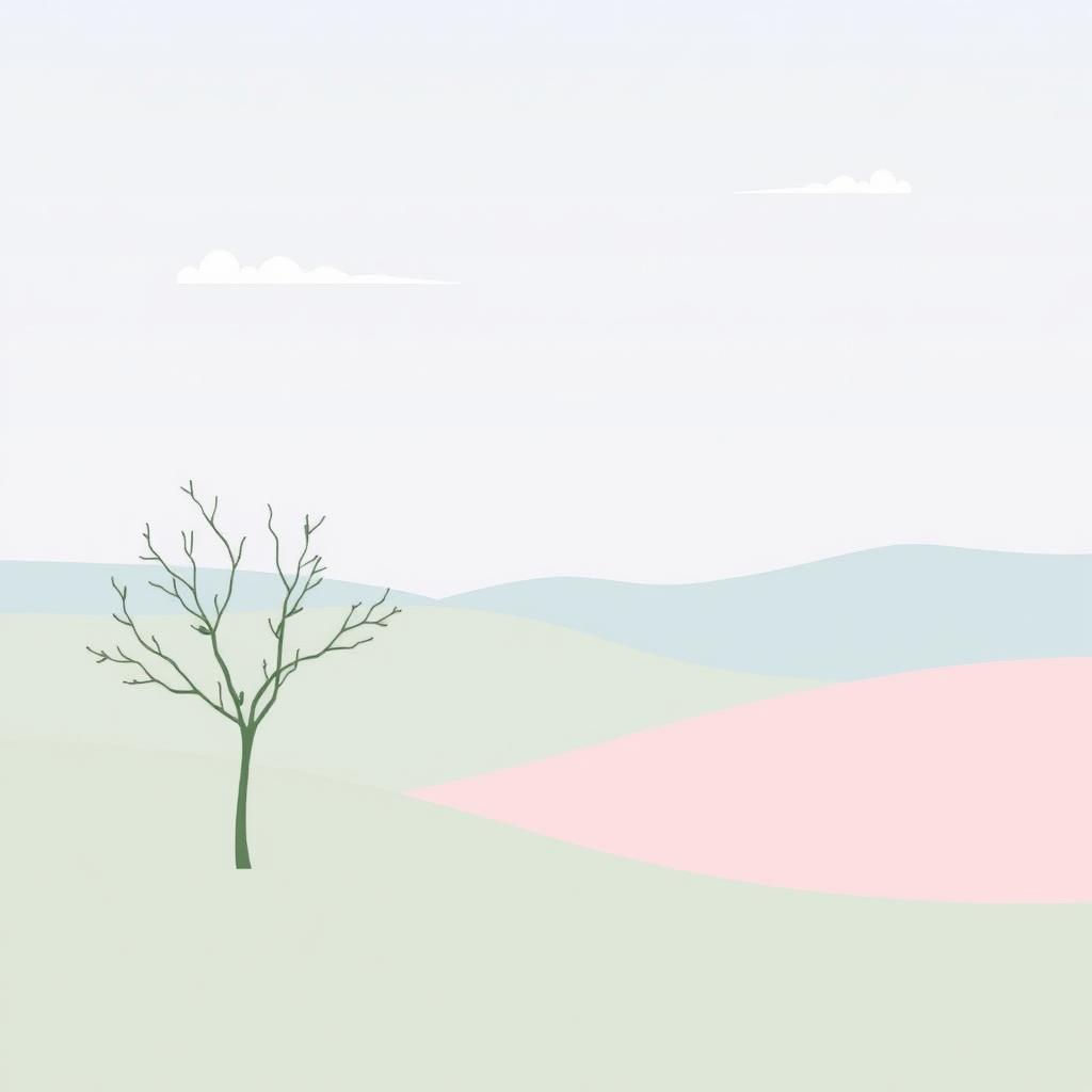 Create a minimalist art piece that features a serene landscape with gently rolling hills, a subtle color palette of soft pastels such as light blue, pale green, and soft pink