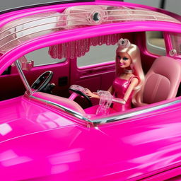 A vibrant pink Barbie-themed car with shiny, intricately designed chrome detailing