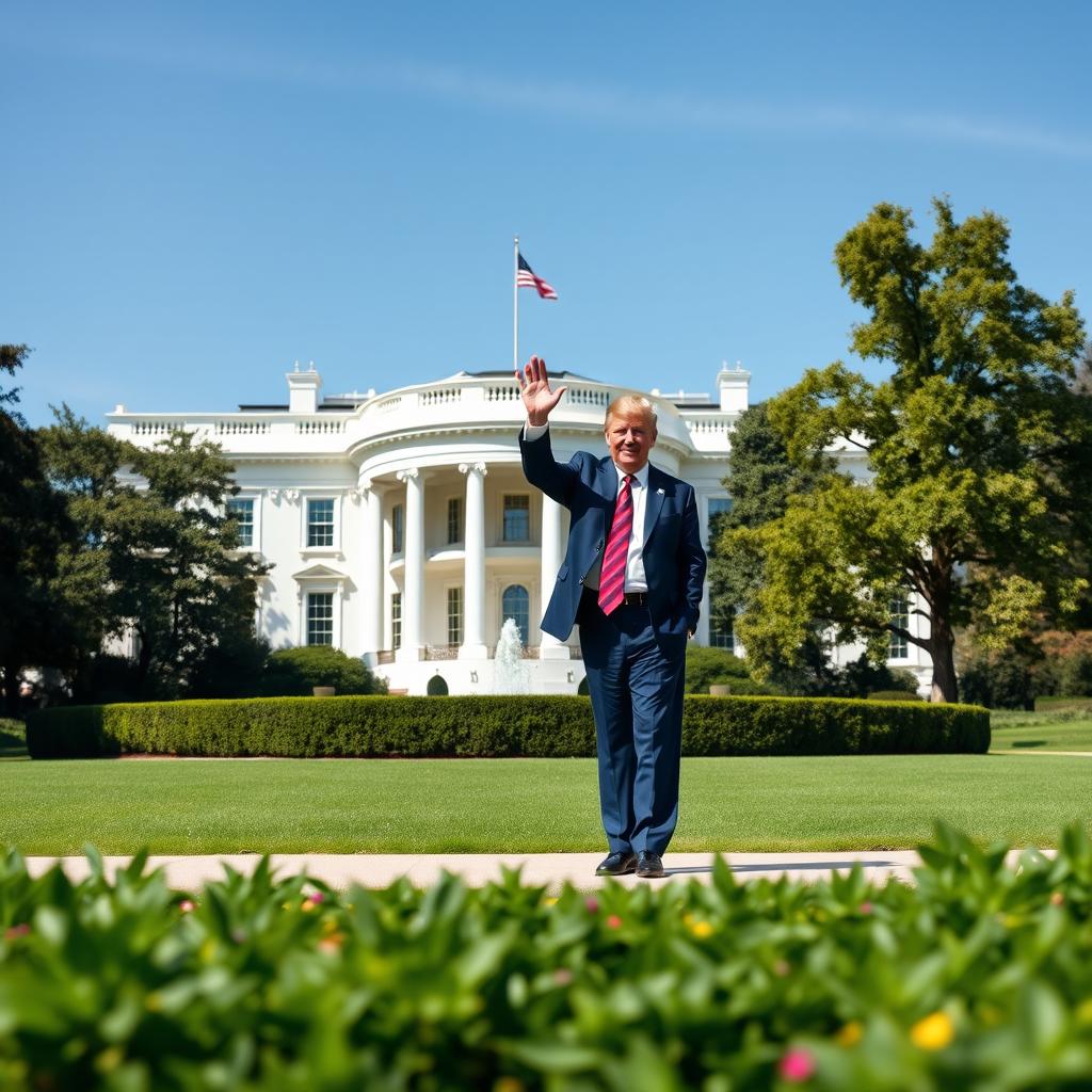 A panoramic view of the iconic White House, capturing its grandeur with lush greenery in the foreground and a clear blue sky above