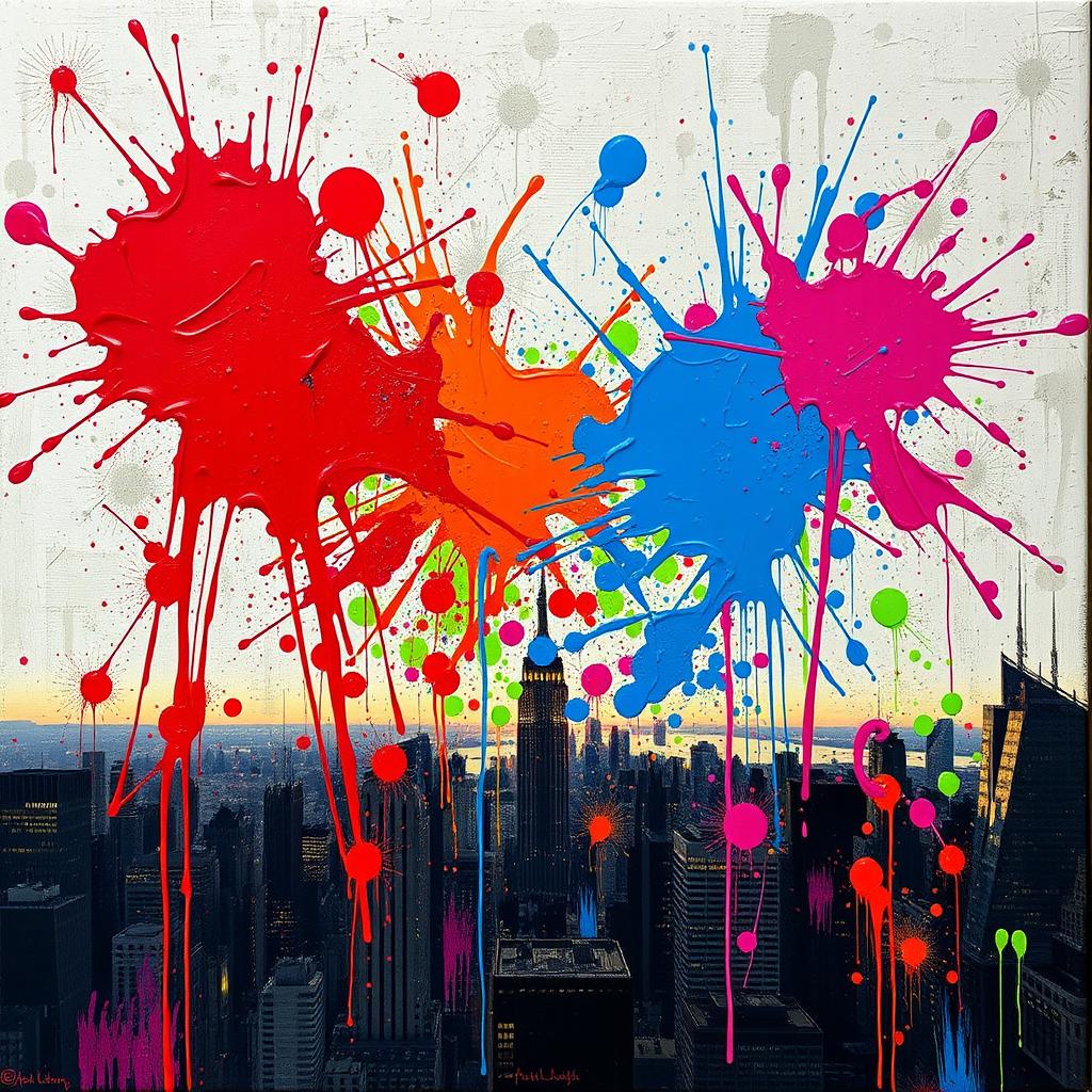 A dramatic and abstract scene named 'Brian Splatter', featuring vibrant splashes of paint in various colors such as bright red, electric blue, and neon green