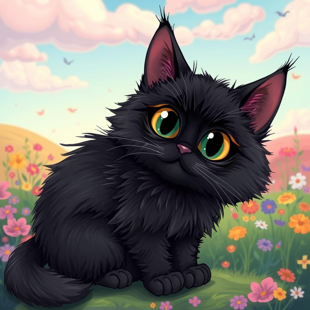 A whimsical cartoon version of a Siberian black fluffy cat with snake-like eyes, featuring exaggerated fur textures and playful body proportions