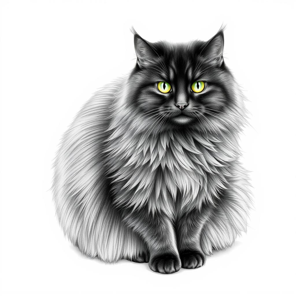 A fluffy adult Siberian black cat, beautifully sketched with intricate details showcasing its thick fur and playful expression