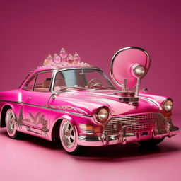 A vibrant pink Barbie-themed car with shiny, intricately designed chrome detailing