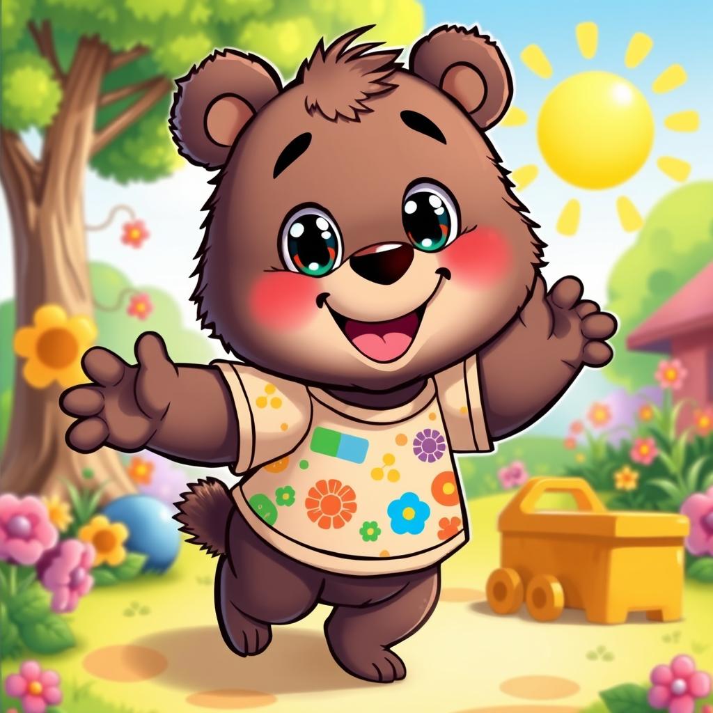 A detailed illustration of a cartoonish bear character that is playful and friendly, designed to appeal to children