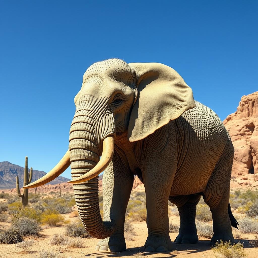 A majestic elephant with a textured skin resembling the surface of a cactus tree, featuring intricate patterns and spikes typical of a cactus