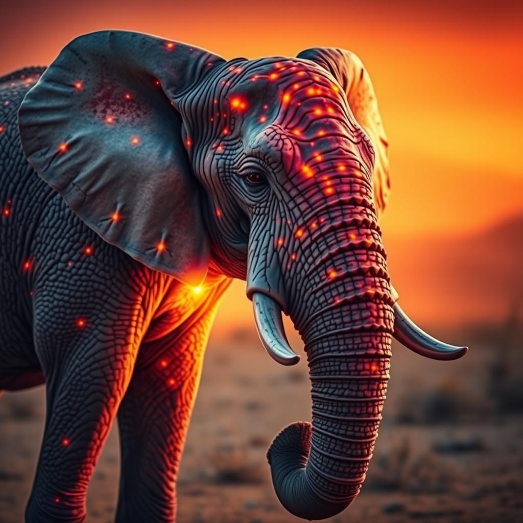 A majestic elephant with skin resembling a cactus, featuring distinctive textured patterns and striking, vibrant colors