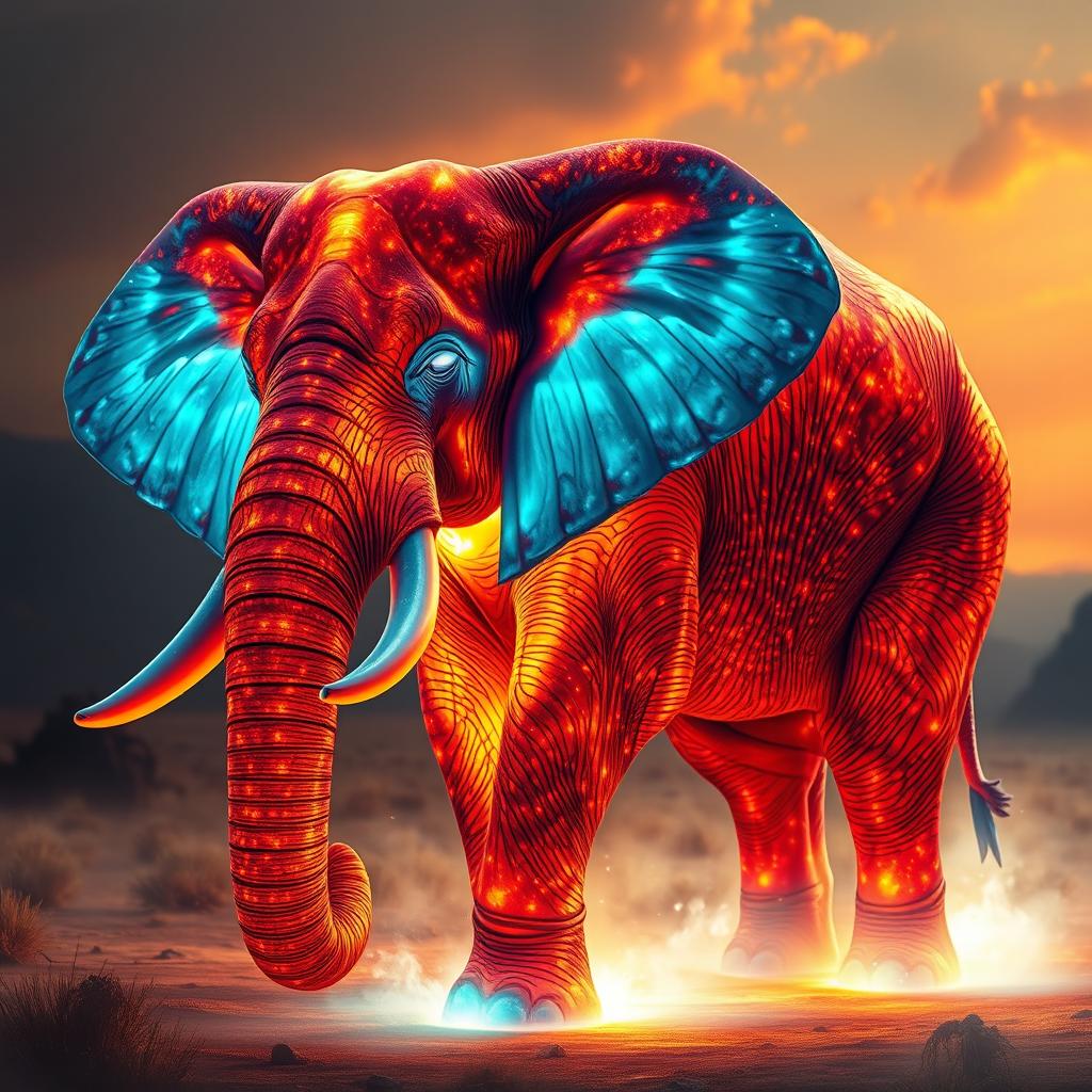 A majestic elephant with molten light radiating from its skin, showcasing intricate textures and vibrant colors