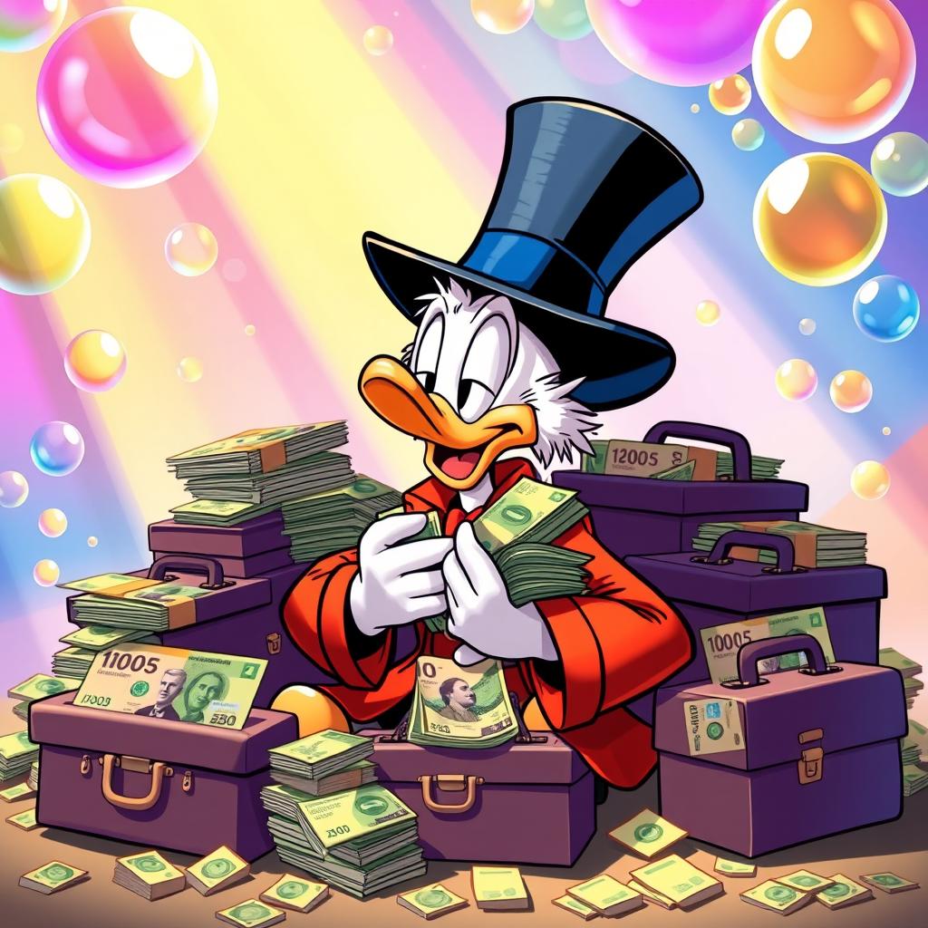 Uncle Scrooge happily counting stacks of money with several briefcases around him