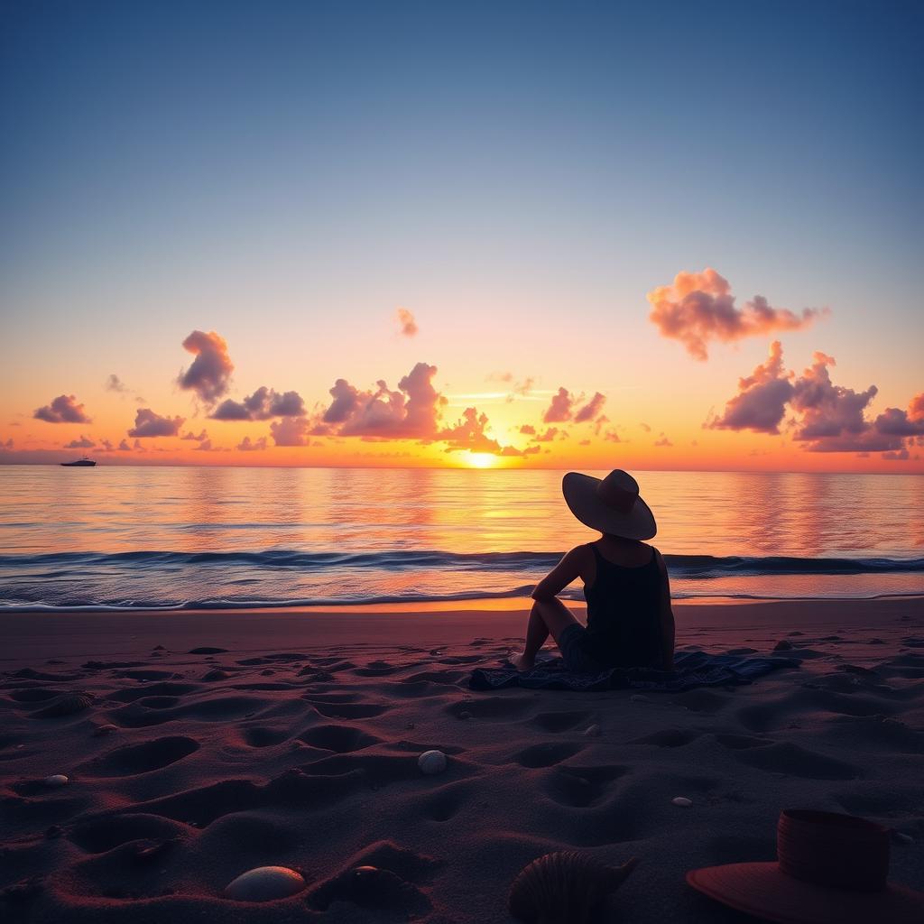 A serene beach scene during sunset, highlighting the beauty of nature with vibrant colors reflecting off the calm water
