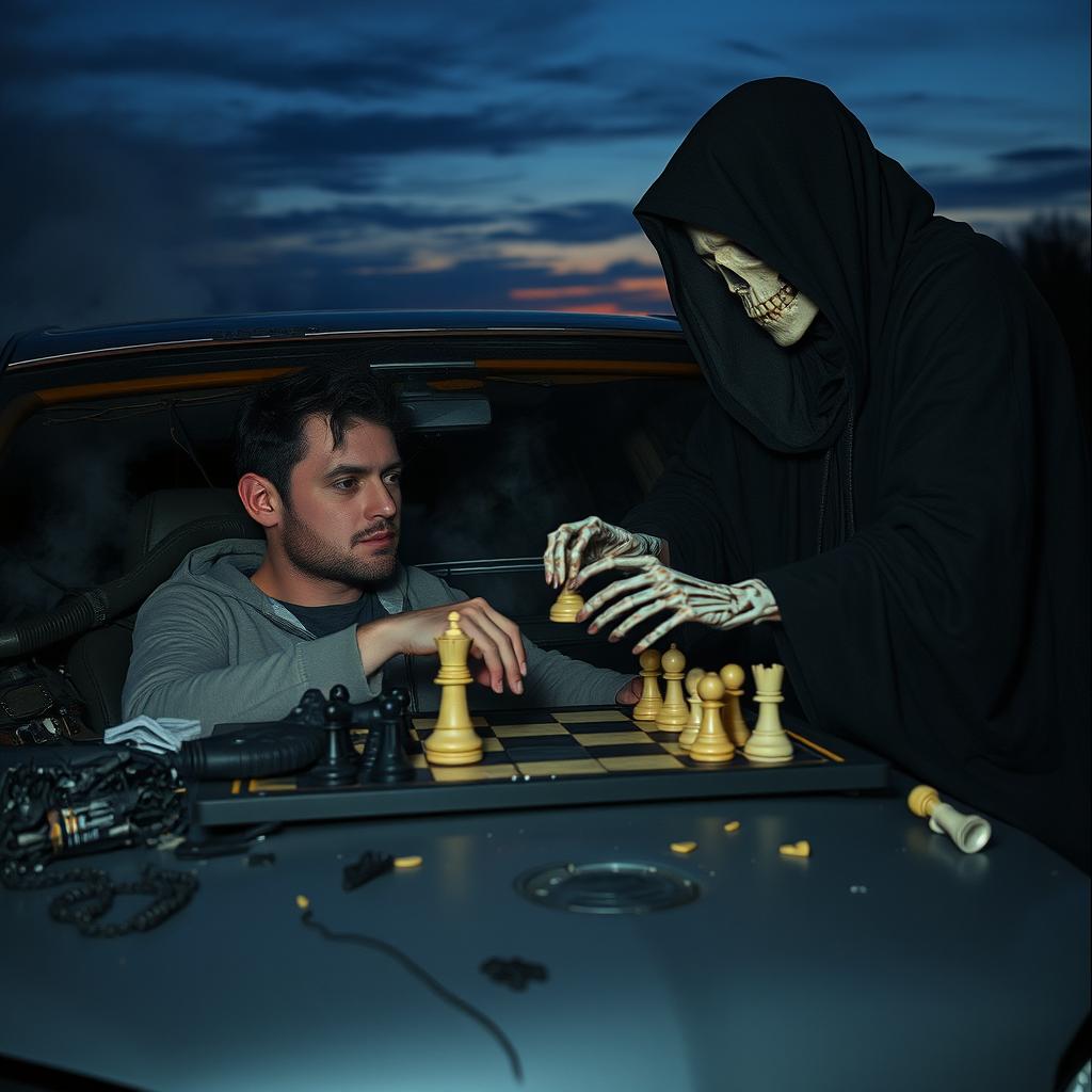 A dramatic scene depicting a person in a car crash, surrounded by scattered debris, with a look of contemplation while playing chess against a personification of Death