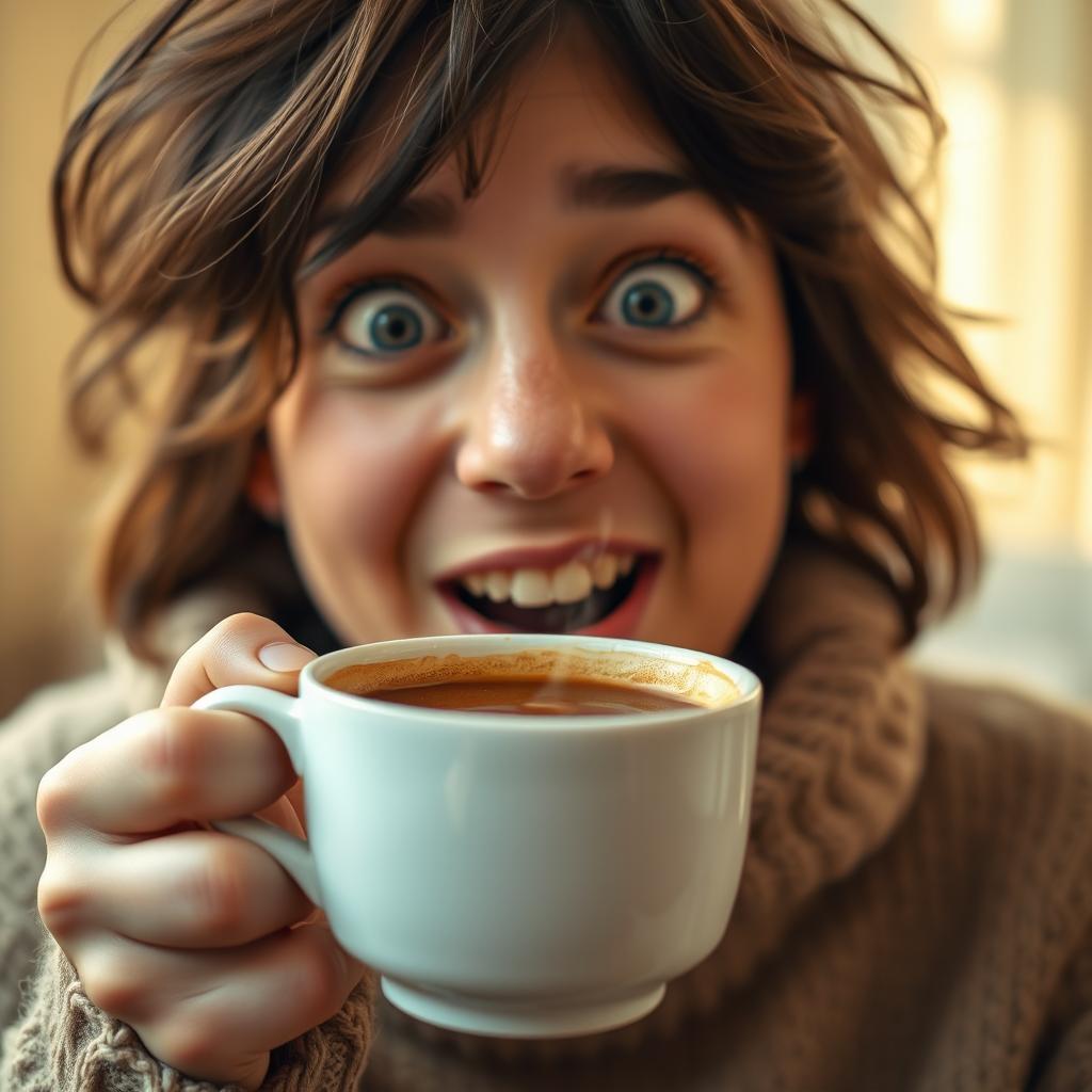 A close-up shot of a person holding a steaming cup of coffee with a humorous, surprised expression on their face, as if they just woke up
