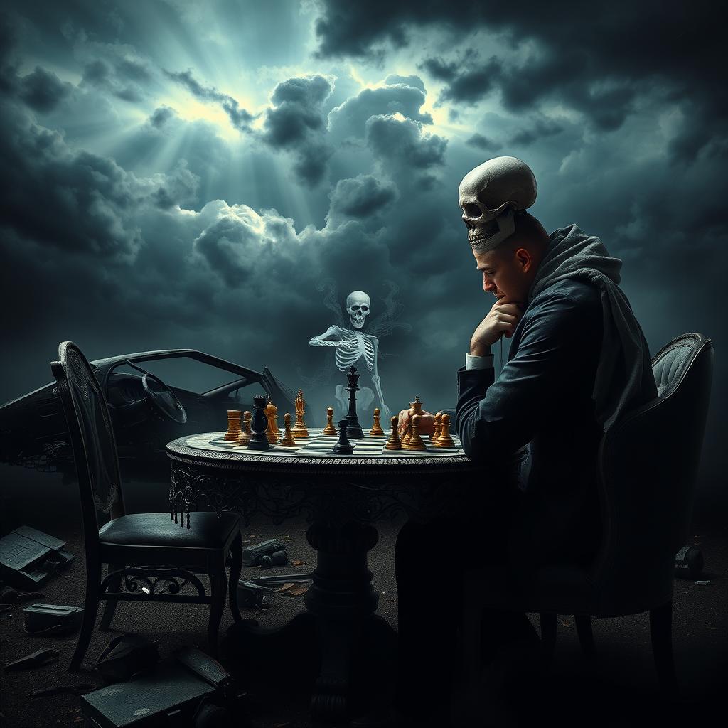 A surreal scene of a man sitting at a chess table, playing a game against a skeletal figure representing Death