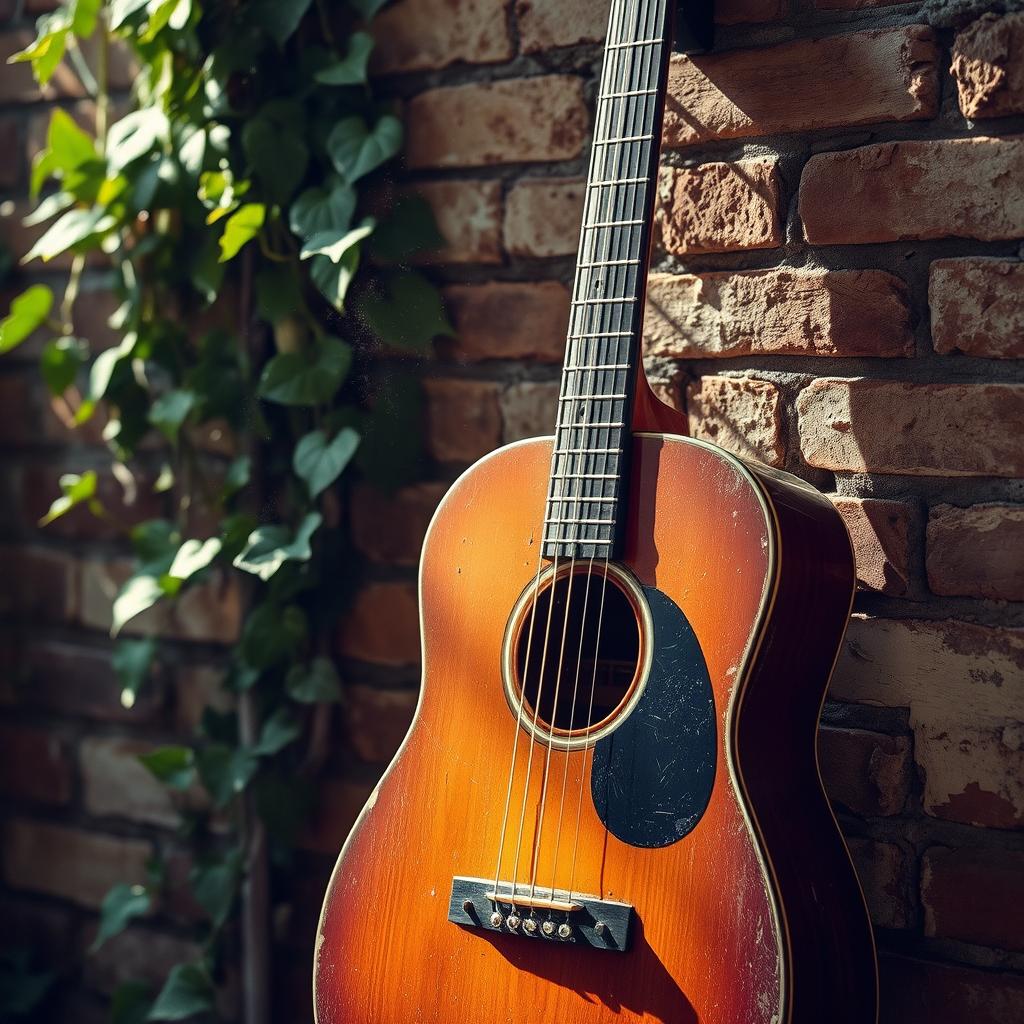 A slightly damaged vintage guitar leaning against an old brick wall, with visible scratches and wear on its surface, capturing the essence of its storied past