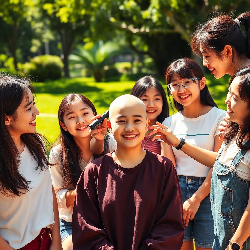 A scene depicting a group of young Asian women gathered in a friendly, supportive environment as one girl is shaving her head bald