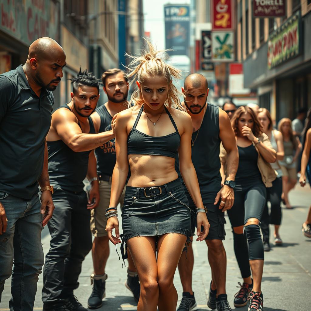 A dramatic scene set on a bustling urban street, where a rebellious girl in a trendy miniskirt is being surrounded by an intimidating gang of tough-looking individuals