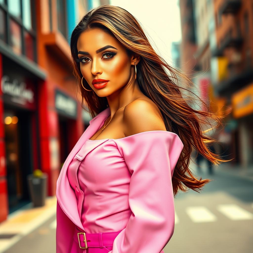 A captivating, glamorous woman confidently posing in a stylish outfit that accentuates her features and enhances her curves