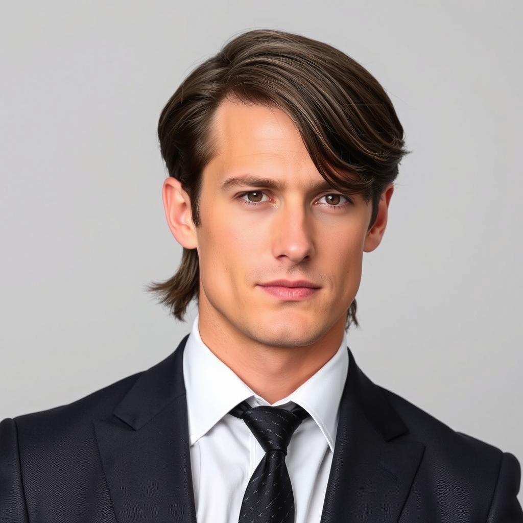 A man with very sharp features, medium-length hair, dressed in formal attire