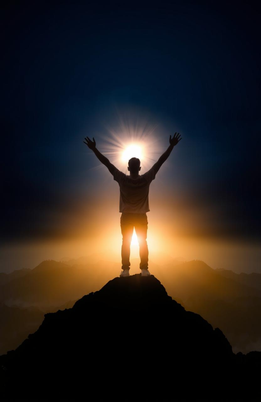 A dramatic mountaintop scene with a person standing triumphantly, arms raised towards a radiant horizon