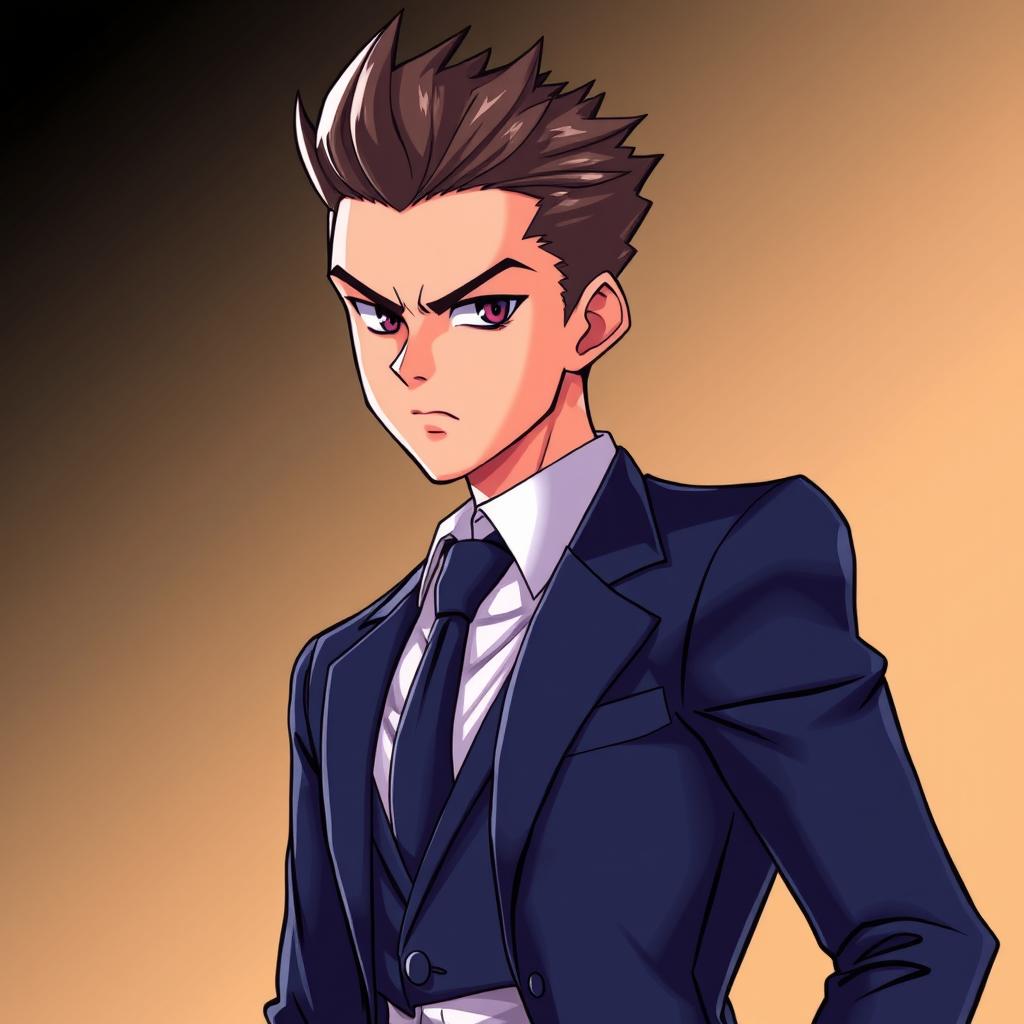 An anime-style illustration of a man with very sharp features and short hair, dressed in formal attire