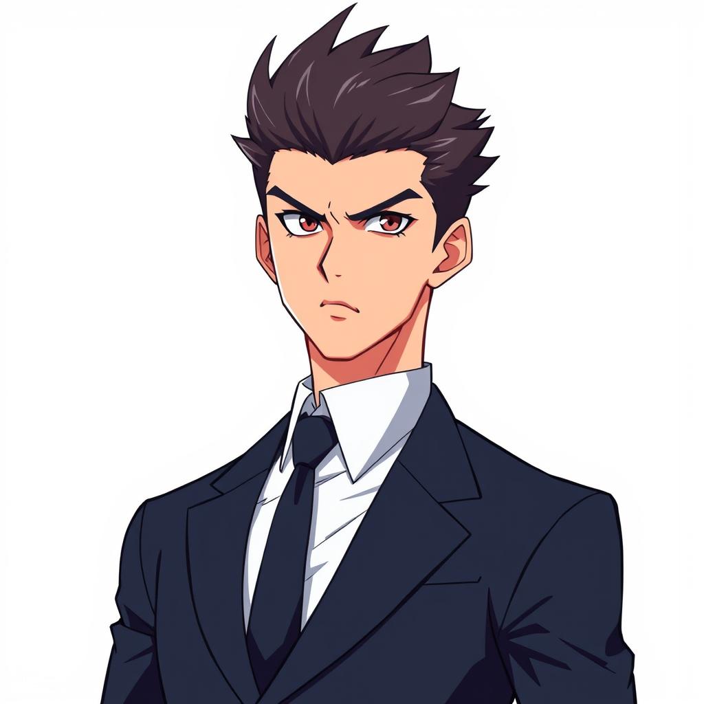 An anime-style illustration of a man with very sharp features and short hair, dressed in formal attire