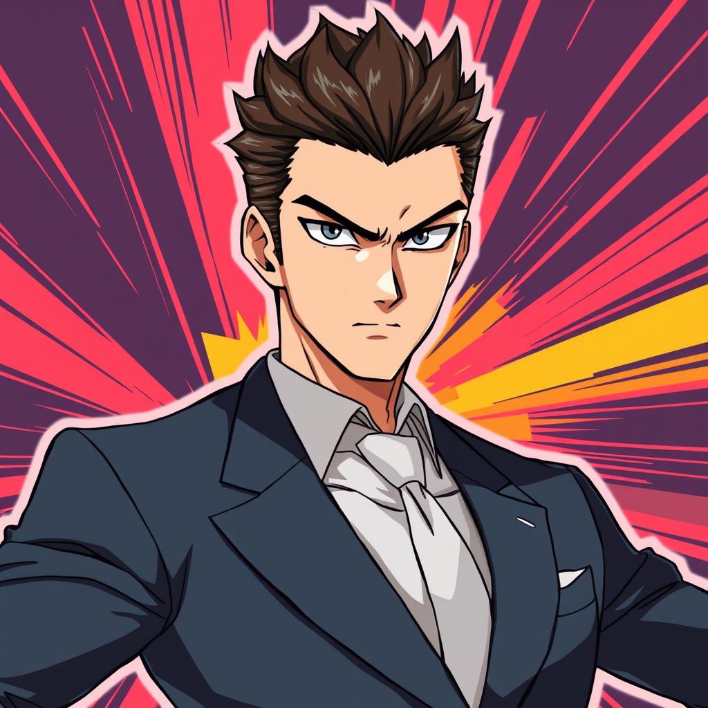 An anime-style illustration of a man with very sharp features and short hair, dressed in formal attire