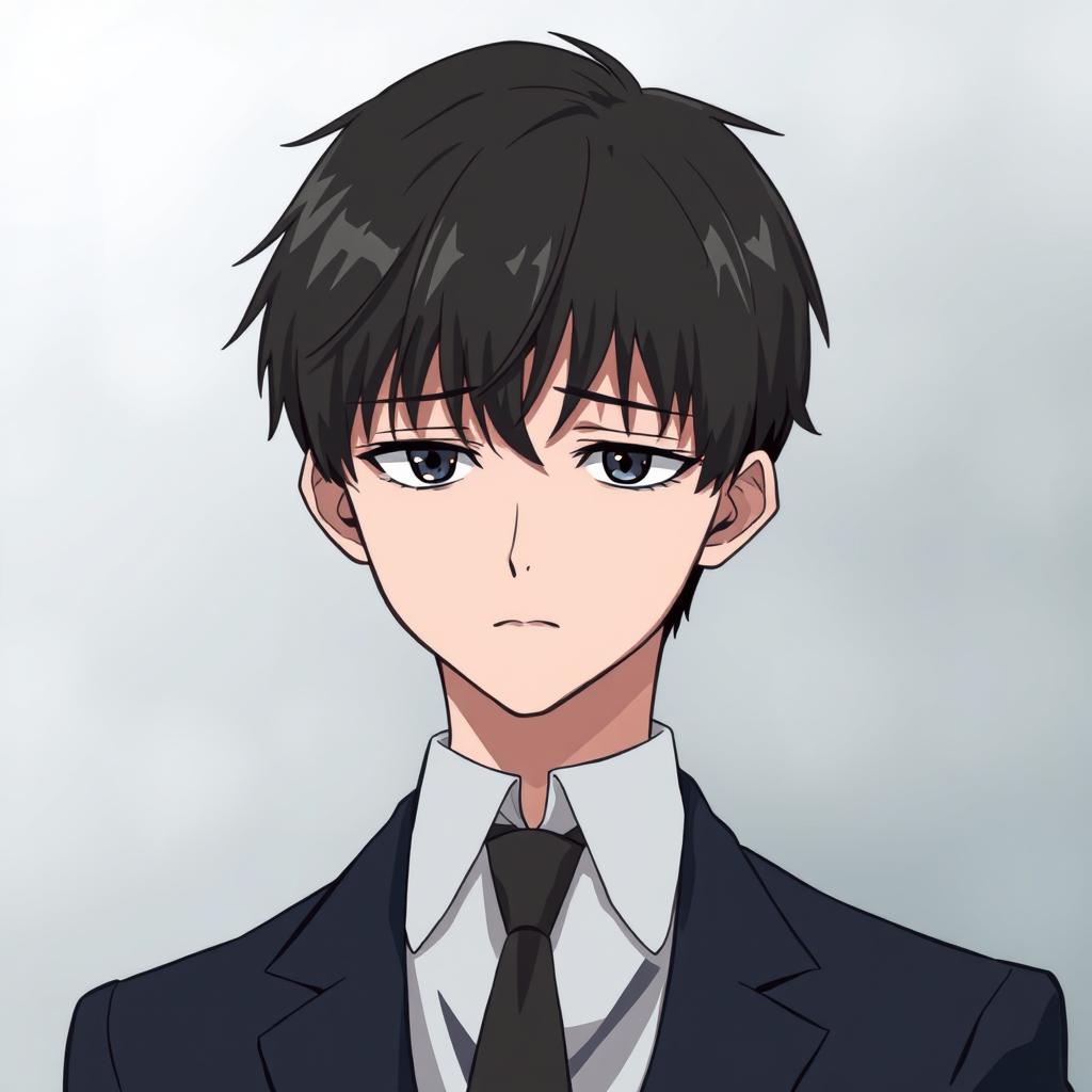 An anime-style illustration of a man with very sharp features and short hair, dressed in formal attire, exuding a sad demeanor